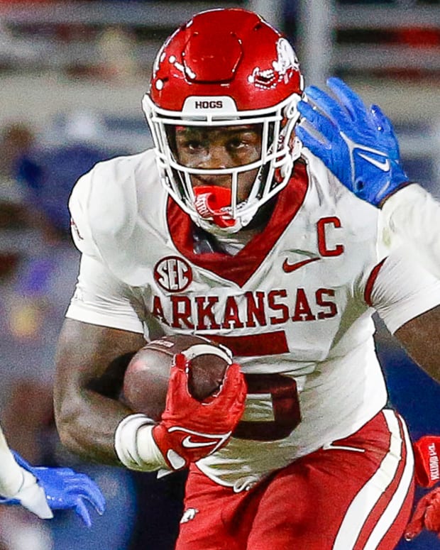 Razorbacks Raheim "Rocket" Sanders runs against Ole Miss last week